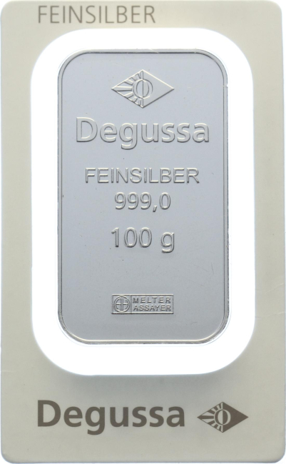 100 Gramm Silberbarren Degussa 999 Feinsilber